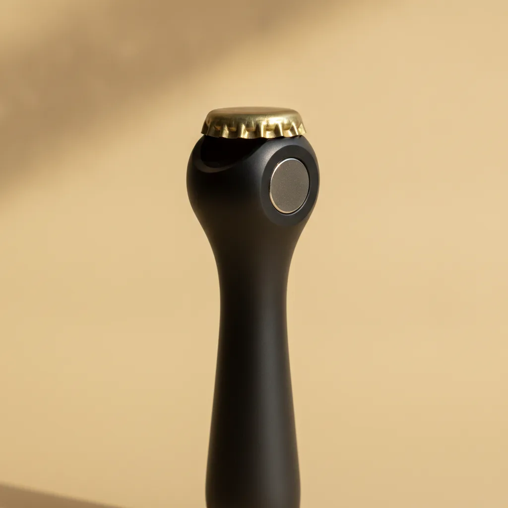 Close-up of the Hopstop head with a gold bottle cap held magnetically against it