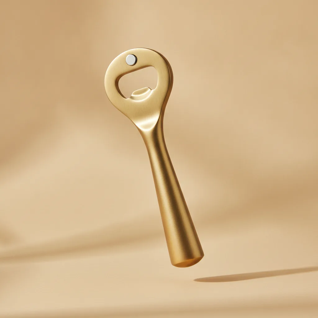 The Hopstop magnetic bottle opener in brushed brass, shown at a three-quarter angle
